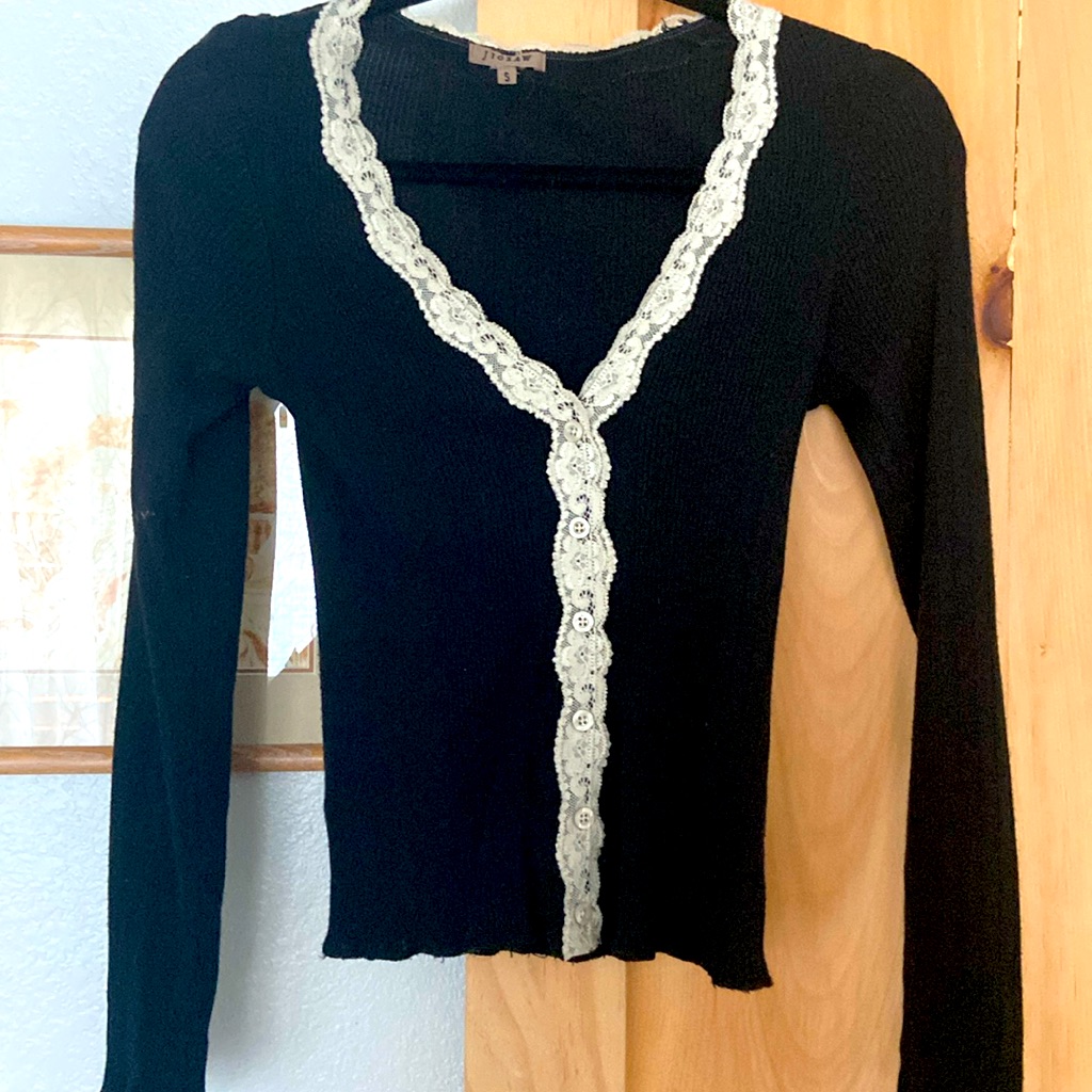 Uk Brand Jigsaw Vintage Lace Trimmed Black Sweater. Beautiful & Timeless. Sz Sm.